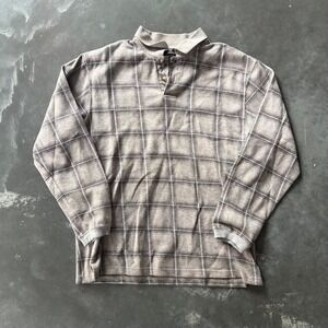Marc Edwards Mens Plaid Long Sleeve Polo Shirt Brown Grey Size M